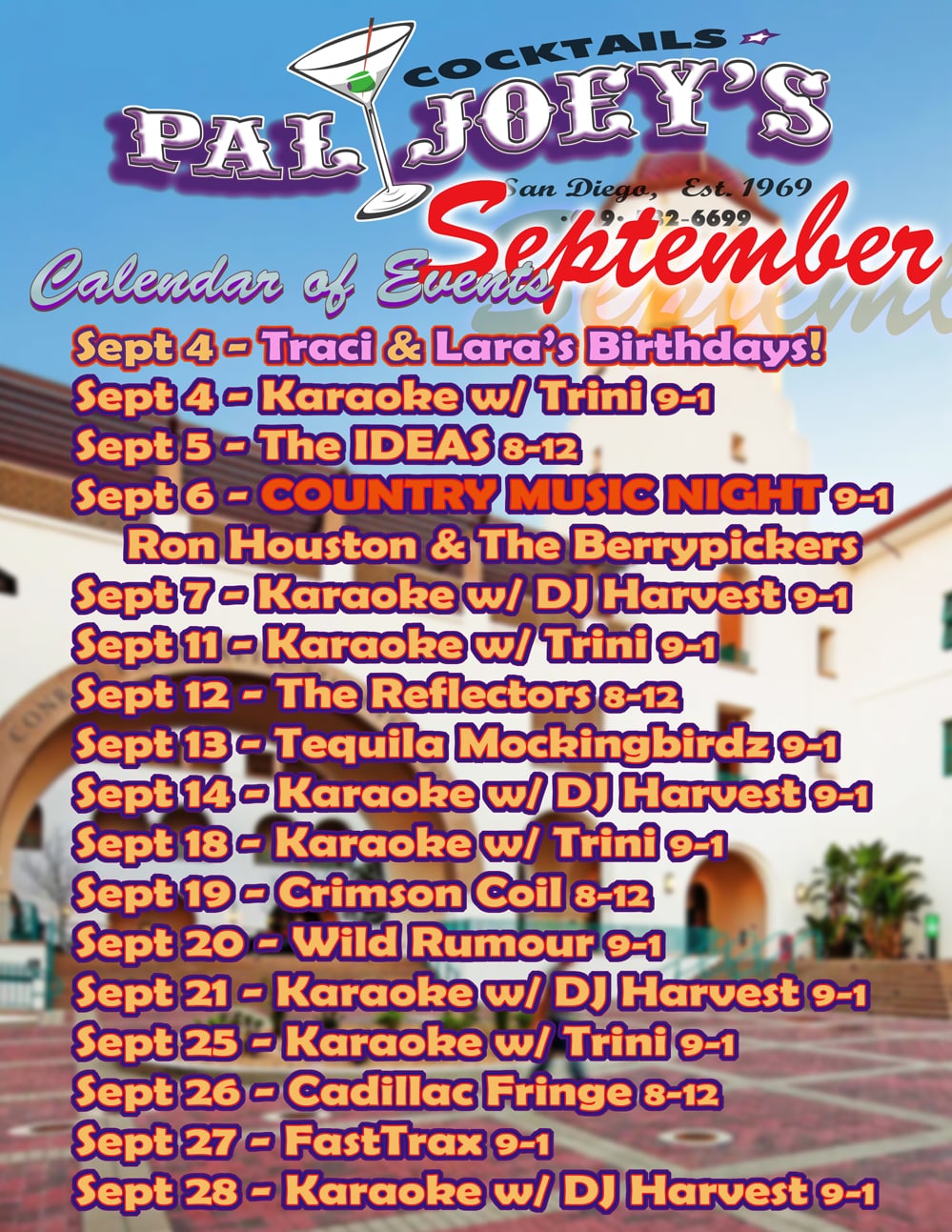 Septemebr 2025 Pal Joeys Music Schedule